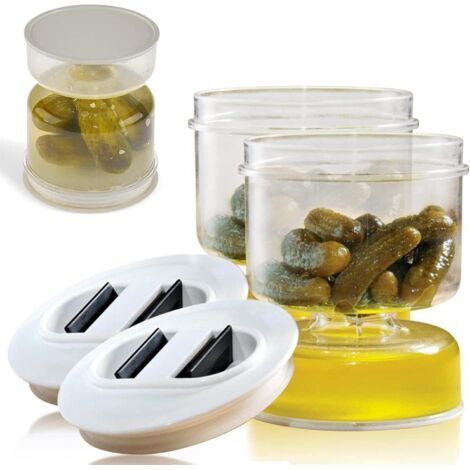 Pot à cornichons avec passoire à rabat et passoire pour concombre mariné, séparateur de jus, stockage des aliments scellé (2 pièces), blanc, 13 cm