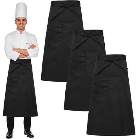 CCYKXA 3 Pièces Tablier Noir Serveur, Tablier de Cuisine Femme et Homme Professionnel Restaurant Half, Tabliers Chef Serveuse Bavoir, Catering Apron, 69x66cm, pour Bistro, Café, Barbecue, Pâtisserie (1/5)