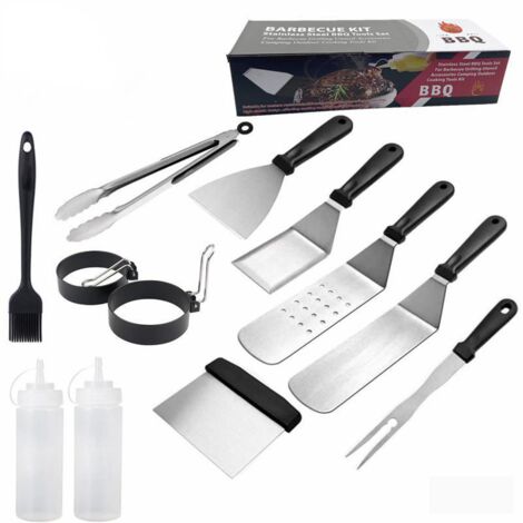 12 Pcs Ensemble de Spatuleen Acier Inoxydable, Ensemble d'accessoires pour Plaque chauffante Professionnelle BBQ, Barbecue Spatule ustensiles Set, Ustensile de barbecue (1/2)