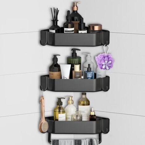 Étagère de Douche, Aucun perçage requis, Avec 6 crochets et 1 porte-serviettes,Lot de 3, étagère murale de salle de bain (1/4)