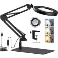 LaBlanc - Lampe de Bureau avec Loupe 8X et LED, Lampe Loupe sur Pied 2-en-1 avec Base et Pince, 3 Modes de Couleur,10 Niveaux de Luminosité,Lampe Bras Pivotant Réglable pour Artisanat