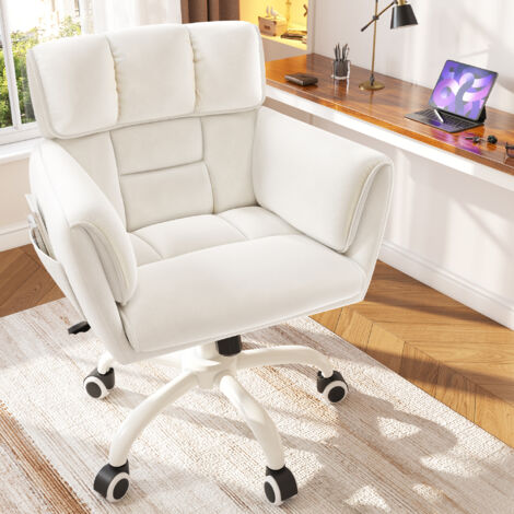 Klyvvo Chaise de Bureau en Roues-capacité charge 150 kg-Chaise avec Tissu Velours-Chaise de Bureau Inclinable & Réglable en Hauteur-Chaise Pivotante pour Chambre-Salon-en Cadeau pour la Famille-Blanc