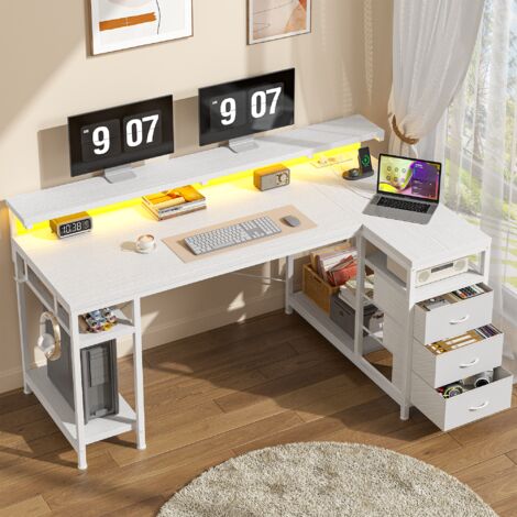 Klyvvo 160x80cm - 3 Tiroirs Bureau d'angle avec Rangement - Grand Bureau Gaming en L avec LED - Support d'écran - Port de Chargement USB et Prise de Courant - Table pour Travailler et Jouer - Bureaux