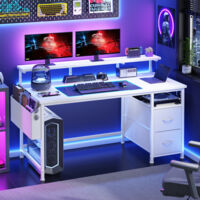 Klyvvo 120x48cm-Bureau avec Rangement 2 Tiroirs et Poche latérale-Bureau avec Support de Moniteur-2 Crochet pour Casque et Passe-câble Adapté aux Télétravailleurs-Gamers et Designers - Blanc