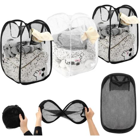 3-teiliges Wäschekorb-Set, aufklappbarer Schmutzwäschekorb, faltbarer Wäschekorb (vertikal), zusammenklappbarer Wäschekorb mit Griffen und Seitentasche, Wäschekorb aus Netzgewebe mit Griffen für Schla