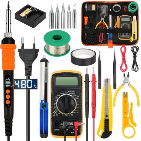 20-teiliges Lötset, 90-W-Digital-Präzisionslötset, einstellbare Temperatur 180 °C bis 480 °C, elektrischer Lötkolben mit 5 Lötspitzen, Multimeter, Entlötpumpe, Lötdraht (1/5)