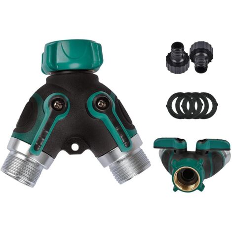 2-Wege-3/4"-Wasserhahnverteiler, Gartenschlauchverbinder mit separaten Ein-/Aus-Ventilen, Wasserhahnadapter mit 2 Anschlüssen und 4 Gummidichtungen