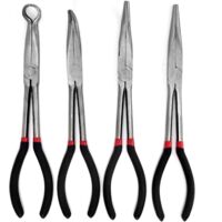 4-teiliges Spitzzangenset: 280 mm Spitzzange, 45°-Winkelzange, 90°-Winkelzange und Rundzange für Industrie, Bauwesen, Maschinenbau und Automobilindustrie.