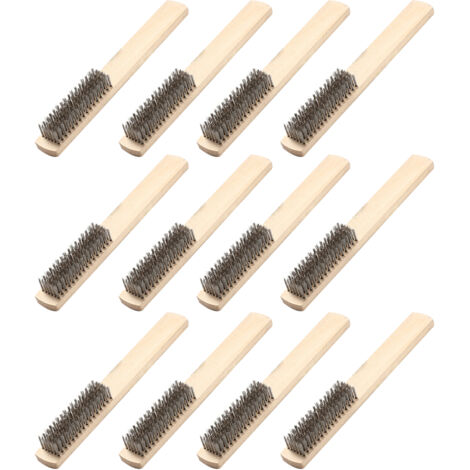 Ensemble de 12 brosses métalliques avec manche en bois, en acier inoxydable, pour le nettoyage et l'élimination de la rouille et des rayures. (1/5)