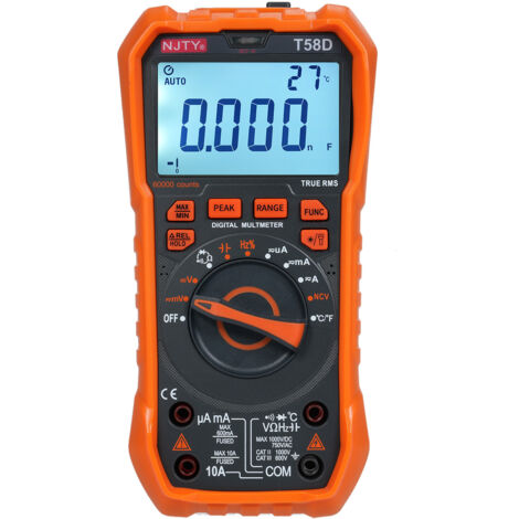 Multimètre numérique 60 000 points Voltmètre Capacimètre Outil professionnel pour électriciens Mesure la tension/le courant/la fréquence/la résistance/les diodes/la capacité CA/CC, etc. Noir + orange (1/5)