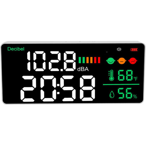 Sonomètre avec écran LED 11 pouces, modèle mural/de bureau, mesure du niveau sonore de 30 à 130 dB, testeur de bruit avec affichage de l'heure, de la température et de l'humidité