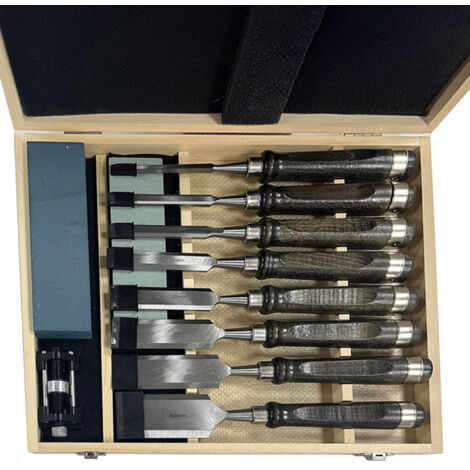 Lot de 8 ciseaux à bois, livré dans un coffret de rangement en bois, avec des manches confortables en noyer noir le lot comprend 2 pierres à aiguiser et un guide d'affûtage