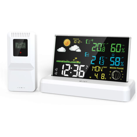 Thermomètre et hygromètre d'intérieur et d'extérieur, thermomètre météo domestique, écran couleur, réveil, prévisions météo, rétroéclairage réglable sur 3 niveaux, baromètre