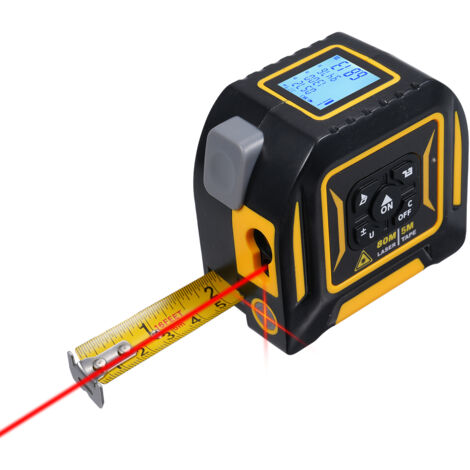 Mètre ruban laser 3-en-1, conversion des unités (pieds/pouces/pieds + pouces), ruban de 5 m + télémètre laser de 80 m + Projecteur laser à croix, Mètre ruban déroulant (1/5)