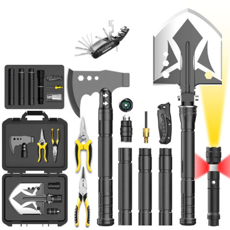 Pelle pliante d'extérieur, hache de camping, kits de survie portables avec lampe de poche, couteau pliant, pince coupante et trousse à outils de réparation