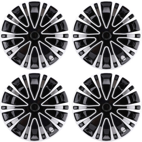 Lot de 4 enjoliveurs de 15 pouces : protection totale, look élégant, montage universel par encliquetage. Compatibles avec la plupart des voitures, camions et SUV. Couleurs : argent et noir.