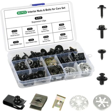 80 Pièces Vis & Clips Voiture Kit,Vis Carrosserie Voiture avec Verrouillage Rondelle Clips,U Clips Carrosserie & Vis de Soubassement,Clips de Fixation Voiture Kit pour Réparer les Pare Boues