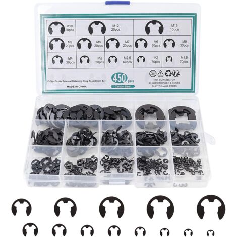 450 Pièces Circlips Assortiment, Circlips E-clips, Anneau de E-clips Circlip Externe en Acier à Ressort pour Fixer Poulies à Engrenages de Roulement(13 Tailles)