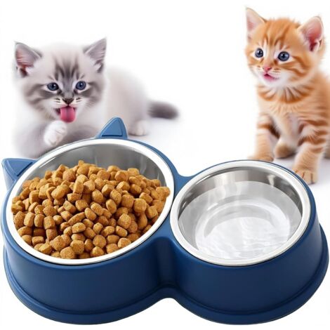Ensemble de Bols Doubles pour Chats en Acier Inoxydable, Base antidérapante, Lavable au Lave-Vaisselle - pour Aliments secs et humides, Design en Forme de Chat Mignon (Bleu) (1/5)