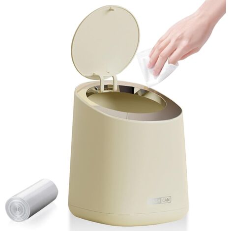 Poubelle de Table Avec Couvercle à Bouton-Poussoir, 2L Mini Poubelle Salle de Bain, Poubelle de Bureau Poubelle Salle Bain pour Salon, Bureau, Couleur Crème (13×14.7×17cm)