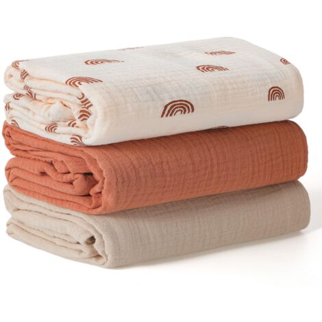 Couverture d’Emmaillotage pour Bébé, Grand Lange Bebe 100x100cm, Ultra Doux et Absorbant pour la Peau Mousseline Couverture pour Bébé Fille et Garçons, Lot de 3, Arc-en-Ciel