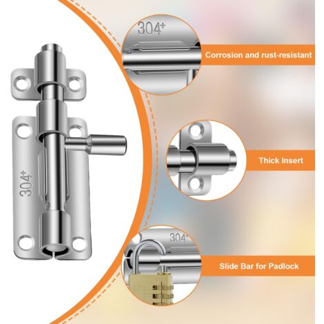 Loquet Porte, 2 Pièces 304 Targette de Porte Exterieur, Verrou Porte Exterieur, Loquet de Porte Coulissante en Acier Inoxydable, pour Entrepôt Garage Grange Portail Cour Porte (Argent) (1/5)