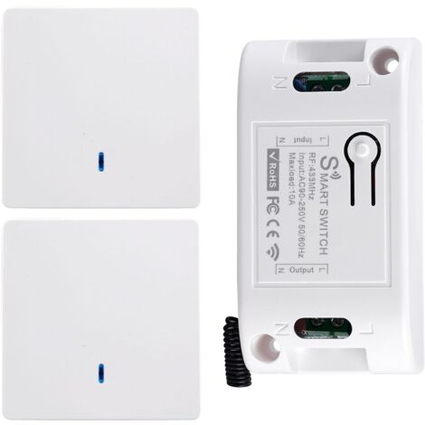 Lot de 2 interrupteurs sans fil - 433 MHz - 10 A - 220 V - Avec récepteur - Sans pile - Pour lampe intérieure et extérieure (2 interrupteurs avec 1 récepteur)