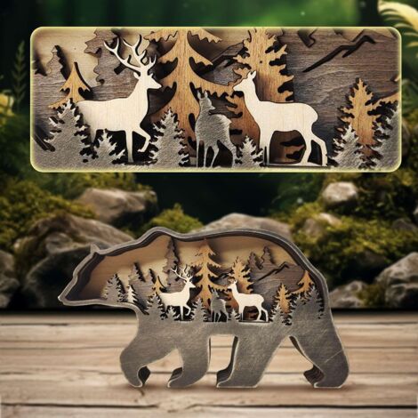 3D Bois Animaux Statue Ornement Artisanat Wooden Forêt Loup Renard Hibou Éléphant Sculpture Décoration pour Salon Chambre d'enfants Salon Chambre Bureau Mur Maison Déco (Ours)
