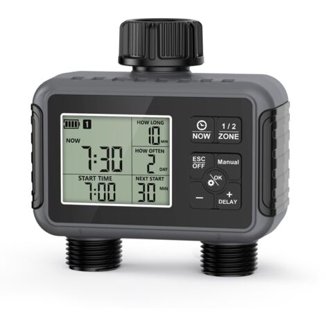 Ordinateur d'irrigation 2 sorties, minuterie d'arrosage de jardin avec retard de pluie/mode automatique et manuel, IPX5 étanche/grand écran LCD, contrôle de l'arrosage