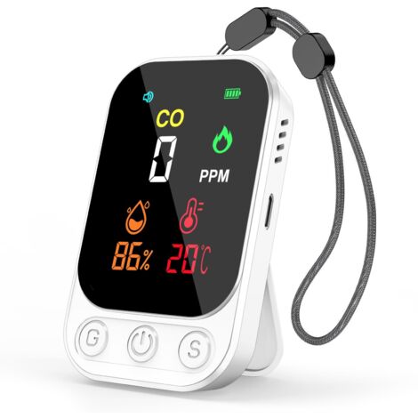 Détecteur de Monoxyde de Carbone 3-en-1 - Détecteur CO, Température et Humidité avec Alarme de 80 DB, Rechargeable, Portable, Support et Trou de Fixation pour Maison, Voyage et Bureau (1/5)