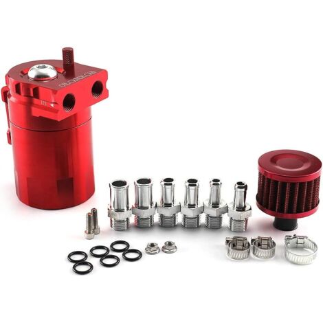 Récupérateur huile moteur, universel oil catch can, récupération des vapeurs d'huile moteur en aluminium de 300ml, avec filtre à air, tuyau et autres accessoires (Rouge) (1/4)