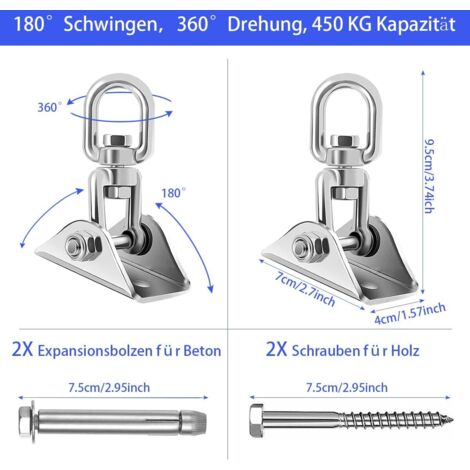 Crochet de plafond pour fauteuil suspendu - 450 kg - Rotation à 360 ° - Support de plafond en acier inoxydable - Support de sac de frappe - Crochet de suspension avec 3 mousquetons - Pour fauteuil Crochet de plafond pour fauteuil suspendu - 450 kg - Rotation à 360 ° - Support de plafond en acier inoxydable - Support de sac de frappe - Crochet de suspension avec 3 mousquetons - Pour fauteuil