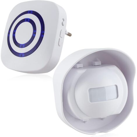 Sonnette sans Fil Kit de Carillon de Porte Electrique avec 1 Récepteur et 1 Détecteur de Mouvement PIR Capteur Alerte Visiteur Alarme de Sécurité avec 38 Mélodies au 3 Niveau Volumes(Blanc, Étanche)