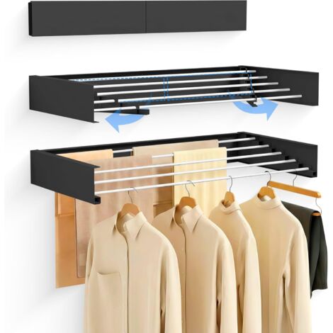 Étendoir à Linge Mural Rétractable 100 cm – Séchoir Pliable Mural pour Intérieur ou Extérieur – Étendoir Compact en Aluminium 30 kg de Capacité (Noir)