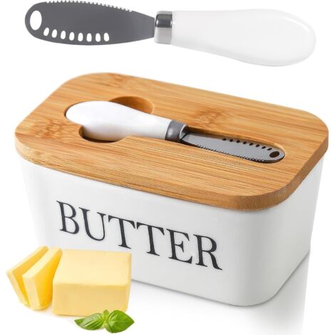 Beurrier en Porcelaine, 250g Conteneur de Beurre,Boîte à Beurre avec Couvercle et Couteau à Beurre, Conteneur Bague d'Étanchéité Silicone, Nettoyage facile, Lavable au lave-vaisselle(Blanc) (1/5)