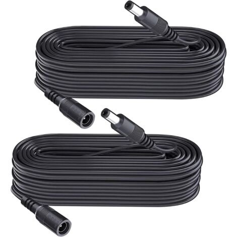 Lot de 2 câbles d'extension d'alimentation CC de 10 m, Prise 5,5 mm x 2,1 mm, Prise mâle vers Femelle, DC 5 V 6 V 9 V 12 V 24 V pour caméras de sécurité, DVR, routeur, imprimante, Bande LED, Noir