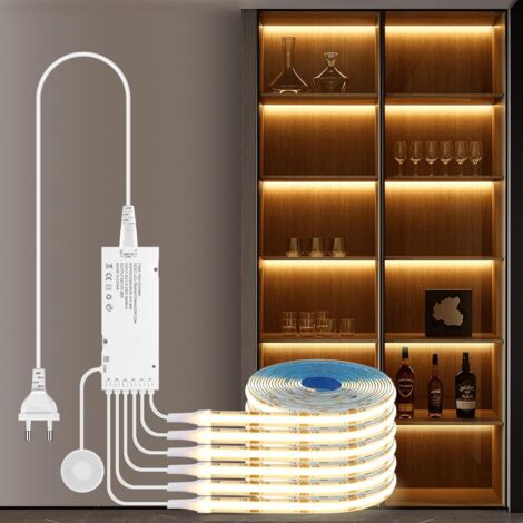 Lumière d'armoire - Bandeau LED COB 6-en-1 Dimmable à Contrôle Tactile Transparent pour Vitrine, Dressing, Cuisine, Cellier, Présentoir et Éclairage d'Étagère (lumière chaude, 1M) [Classe énergétique