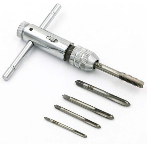 Jeu de tarauds à cliquet avec poignée en T réglable et tarauds métriques en acier avec 1 clé à tarauder + 5 tarauds M3-M8 (3 mm-8 mm) Filetage métrique en T