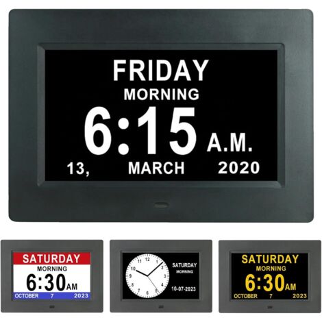 7 Pouces LCD Horloge Numérique Calendrier avec Date Jour Et Heure Horloge Non-Abrégée Auto Dimming 8 Langues HD Display Rappel pour Alzheimer Les Personnes âgées et Les Enfants (Noir) (1/5)