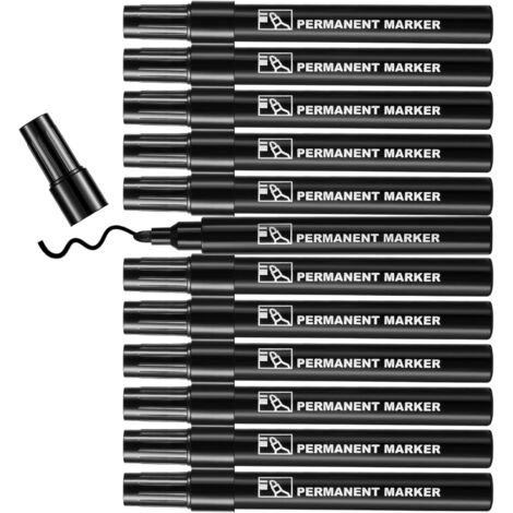 Marqueur Noir Indélébile Lot de 12, Feutre Indelebile à Pointe Conique 2-3 mm Moyenne Marqueurs Permanents pour Plastique, Carton, Pierre, Bois, Métal et Verre (1/5)