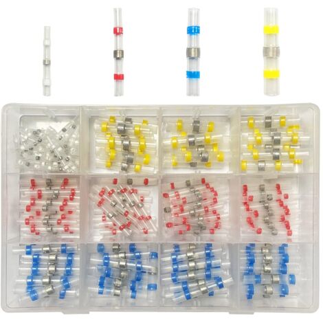 200 Pièces joint de soudure connecteur bout de fil isolés, 4 tailles 26-10 AWG avec gaine thermorétractable, cosse electriques pour Automobiles Motos, rapport de rétraction 3:1