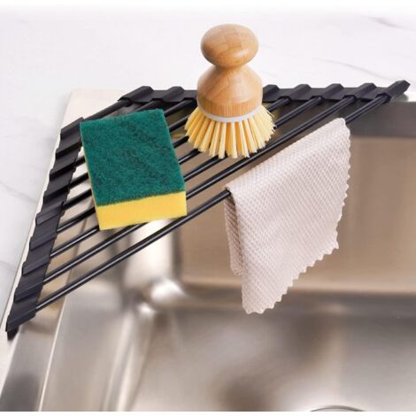 Petit égouttoir à Vaisselle Triangulaire Enroulable avec revêtement en Silicone et Cadre en Acier Inoxydable pour Coins d'évier, égouttoir de Cuisine Multifonction pour économiser de