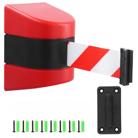 Barrière retractable 10 m avec support mural - rouge/blanc - fonction de verrouillage - pour le contrôle des foules lors d'événements