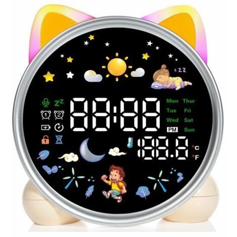 Réveil Enfant Éducatif LED Tactile 5 Couleurs avec Musique, Double Alarme, Température et Fonction Snooze - Modèle Chat (1/5)