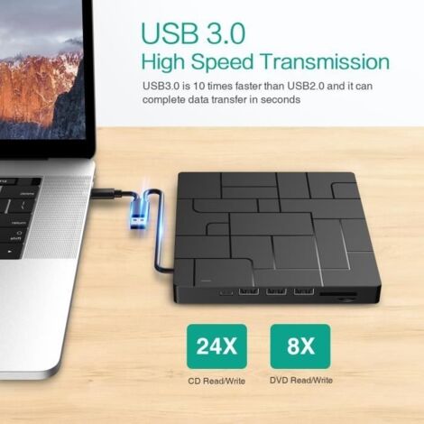 Lecteur CD DVD Externe USB 3.0 &Type-C, Graveur CD DVD Externe CD/DVD ...