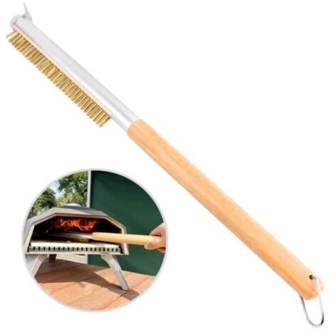 Brosse pour Four à Pizza - 52 cm, avec Racloir en Acier Inoxydable, Poils en Laiton, Manche en Bois de Caoutchouc, Conception -wj