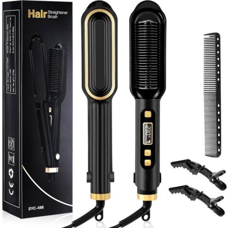 (Noir)Brosse à lisser les cheveux 2 en 1,brosse à lisser ionique à chauffage rapide 30 s,peigne chaud,brosse lissante chauffante avec 16