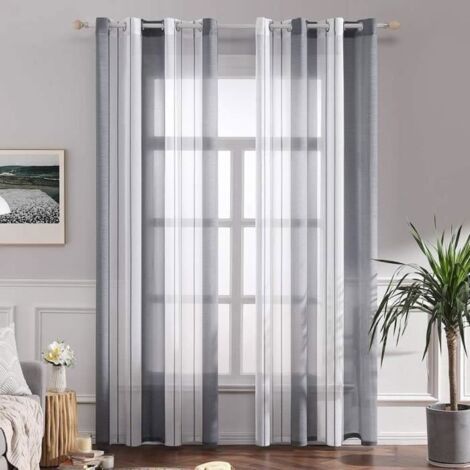 (gris-Gris+Blanc)Lot de 2 Rideau Voilage Imprimes Rideaux à Oeillets Panneaux de Rideaux Intérieurs Semi-Transparent Blanc+Gris Rayures,140x260cm