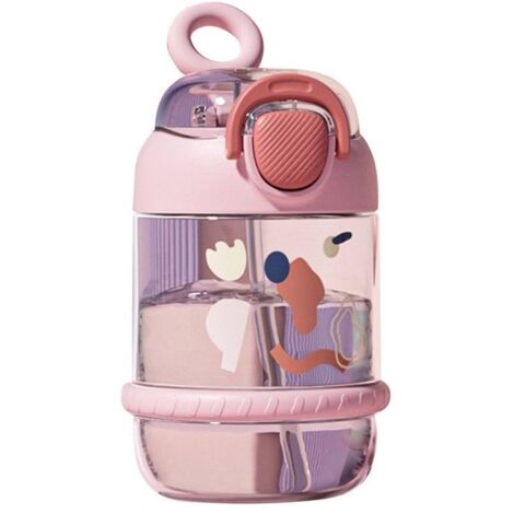 Bouteille d'eau rose pour enfants 450 ml en plastique anti-fuite anti-chute bouteille d'eau de sport portable avec paille pour la