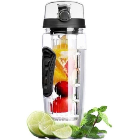 Bouteille à Infusion de Fruits avec Etui Isotherme Anti-Condensation et Long Infuseur - 1Litre - Noir (1/4)